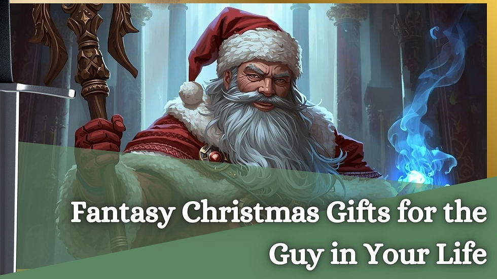 Santa figure with a staff in a fantasy setting, glowing blue magic, wearing red and white. Text: Fantasy Christmas Gifts for the Guy in Your Life.