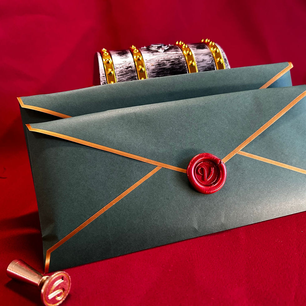 Thumbnail: two wax sealed green letters with gold trim on a red velvet background with a treasure chest in the back