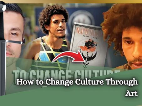 Three men with varied hairstyles, a book with a red arrow pointing to it, text reading "How to Change Culture Through Art" overlaid.