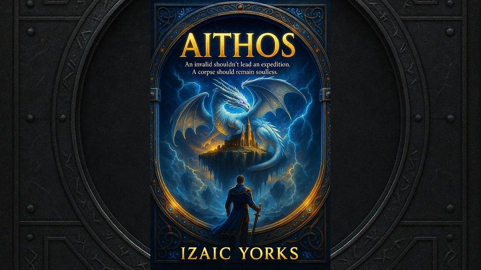 A dramatic book cover shows a glowing blue dragon above a castle, with a cloaked figure below. Title "Aithos" by Izaic Yorks. Dark, mystical theme.