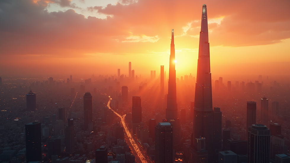 High angle view of a futuristic city skyline at sunset