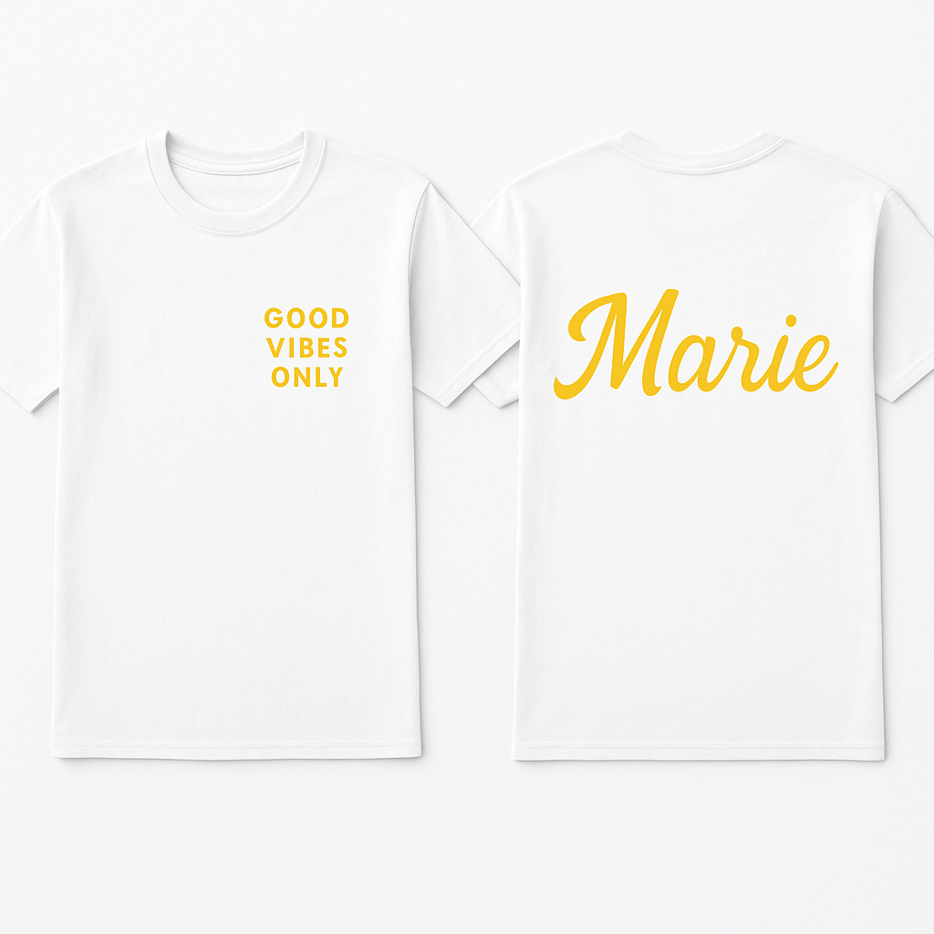 T-shirt with front and back{ any color or design}