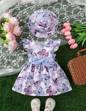 Thumbnail: Girls Color Butterfly Pattern Summer Dress with Matching Hat