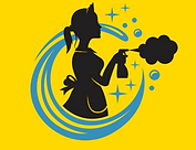 Home Clean Home VA logo featuring a silhouette of a woman in a cleaning apron spraying cleaner, surrounded by blue bubbles, s