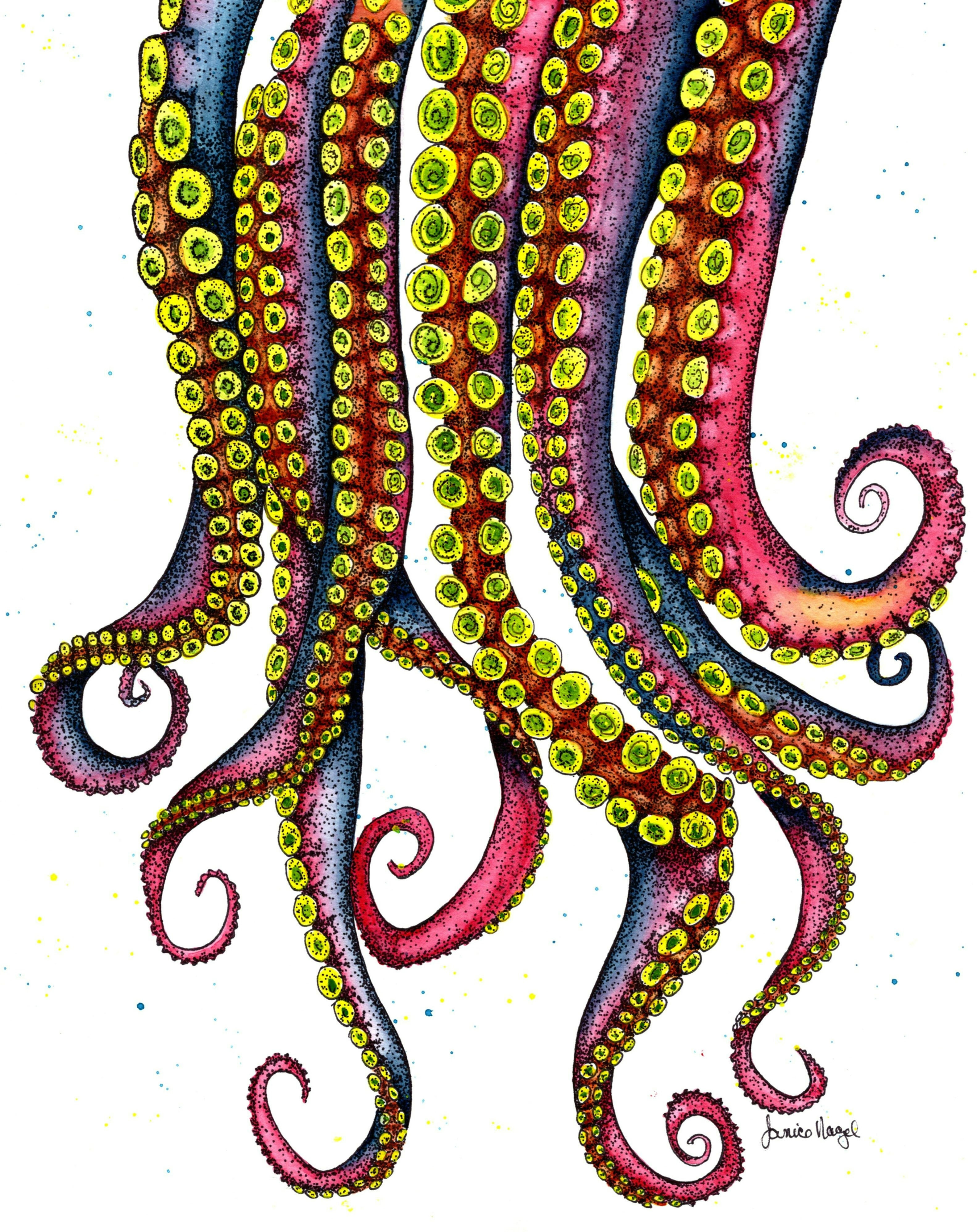 Tentacles Original Watercolor 11x15. Framed  matted