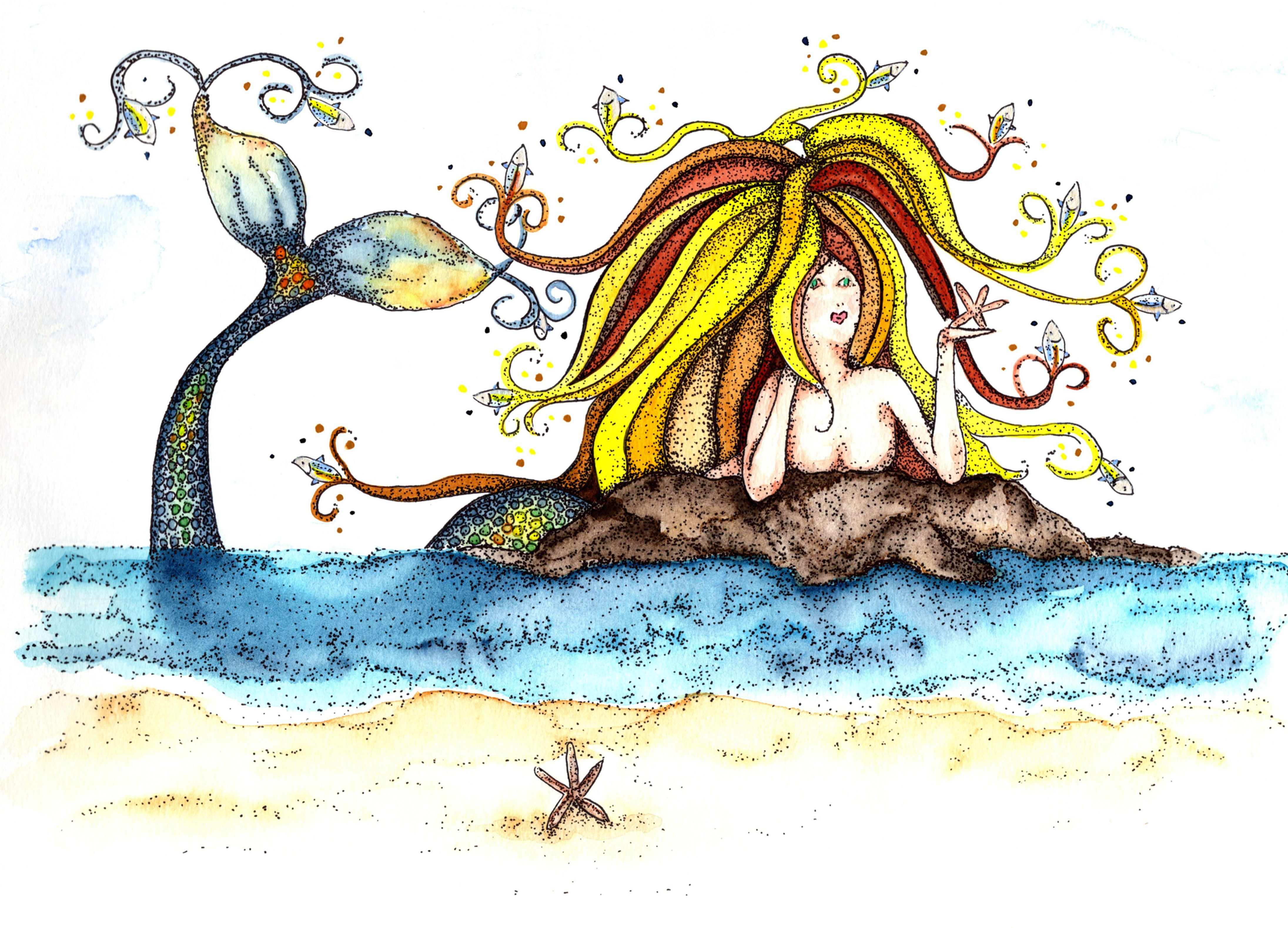 Mermaid beach original watercolor framed 11x14