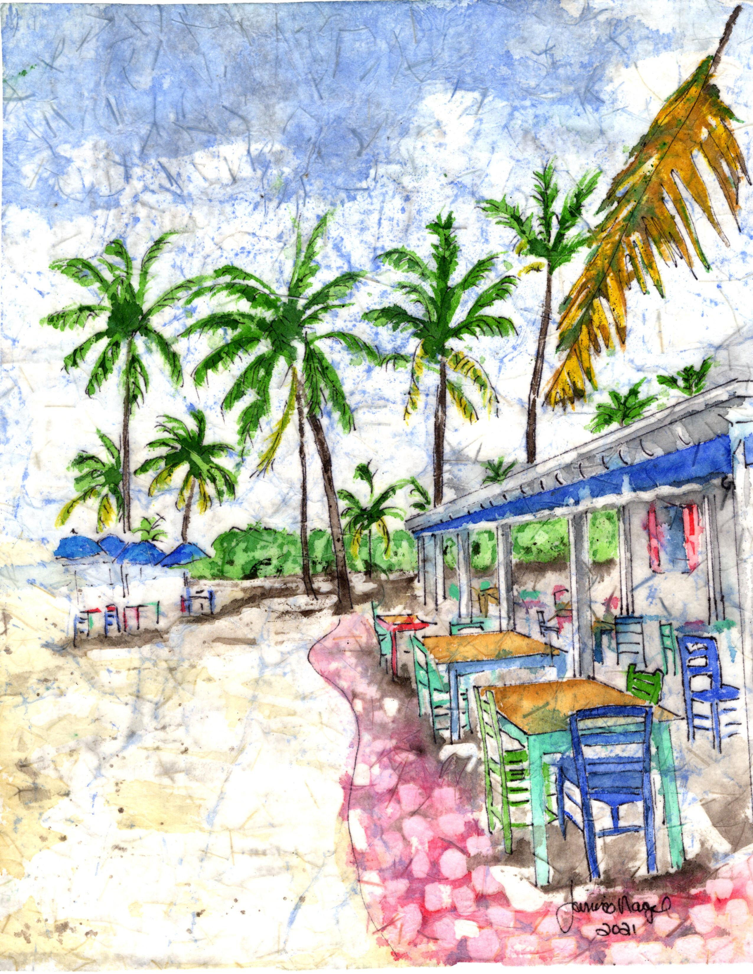 MORADA BAY ISLAMORADA BATIK WATERCOLOR ON RICE PAPER ORIGINAL 11X11