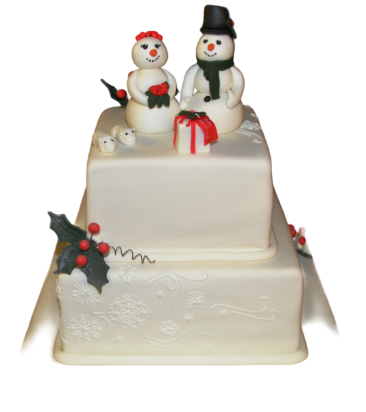 Two-tier winter wedding cake with snowflakes, holly, and snow couple topper.