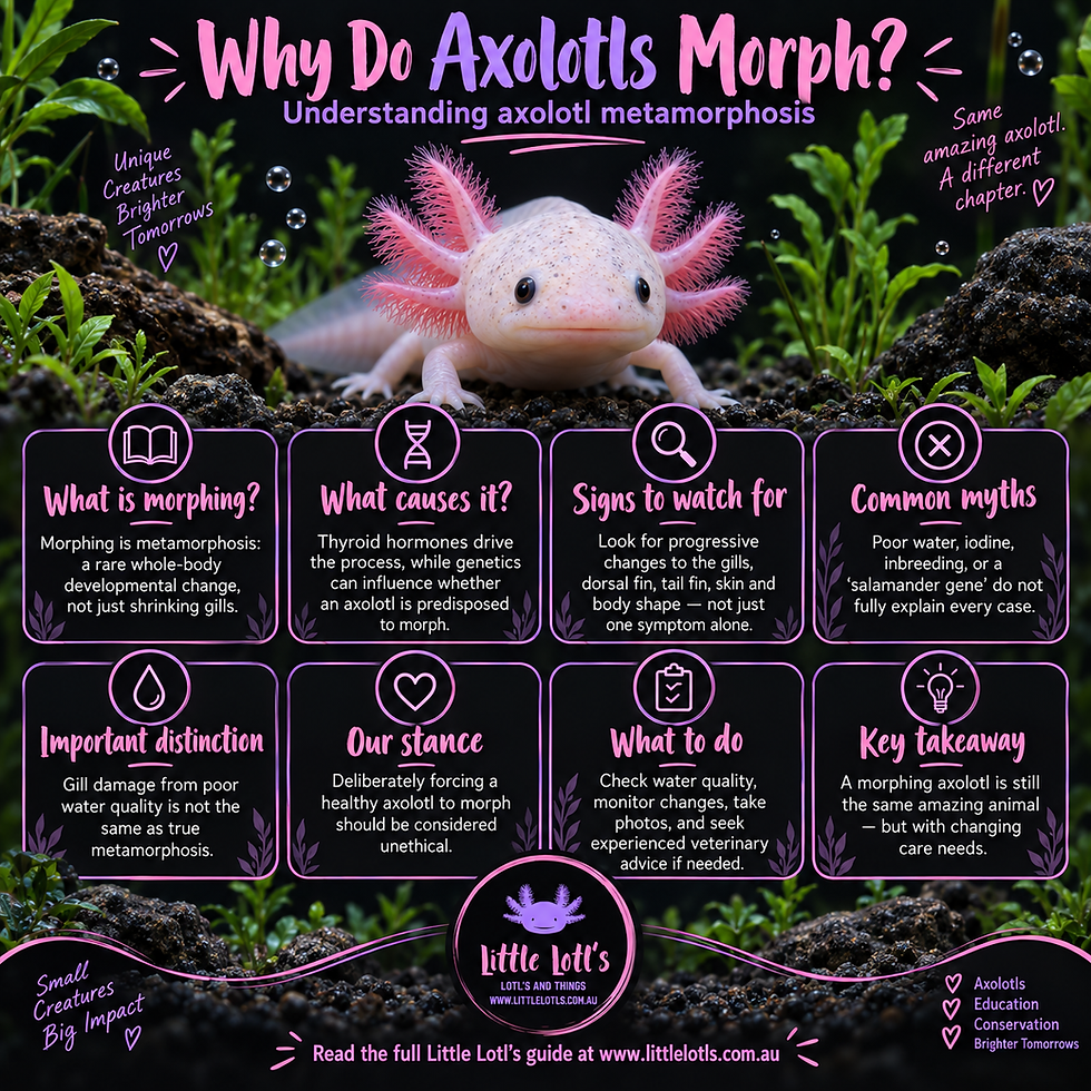 Square infographic titled “Why Do Axolotls Morph? Understanding axolotl metamorphosis” featuring a realistic pink-gilled axolotl in an aquarium with plants and rocks, plus educational panels explaining what morphing is, what causes it, common myths, warning signs, care advice, and Little Lotl’s stance against deliberately forcing metamorphosis.