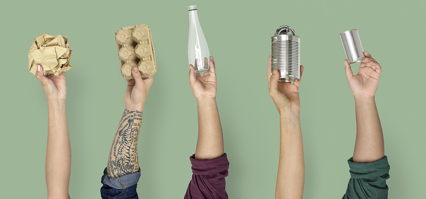 Five arms extend from the bottom of the frame. They're all holding different categories of recyclables.