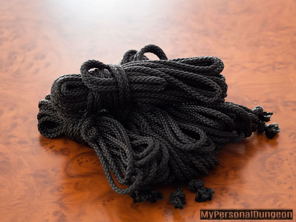 Thumbnail: Black bondage rope for shibari and BDSM play. 1/4" thick. 8m, 4m, 30ft, 15ft