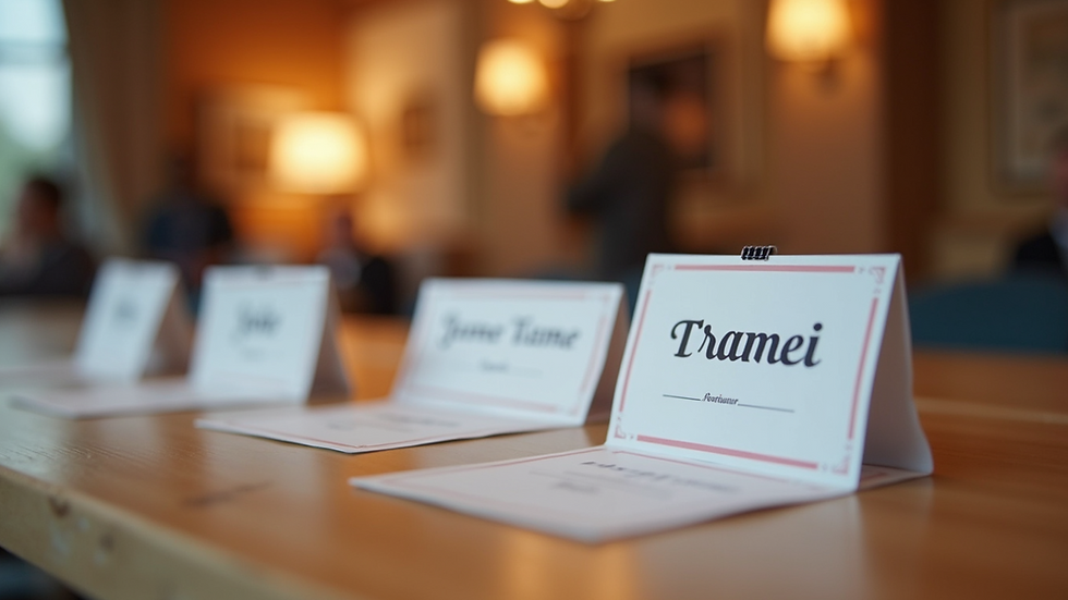 Close-up view of a speed dating event setup with name tags and conversation cards