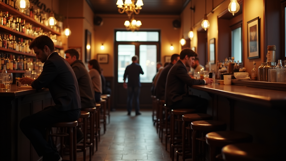 Eye-level view of a cozy bar with people mingling
