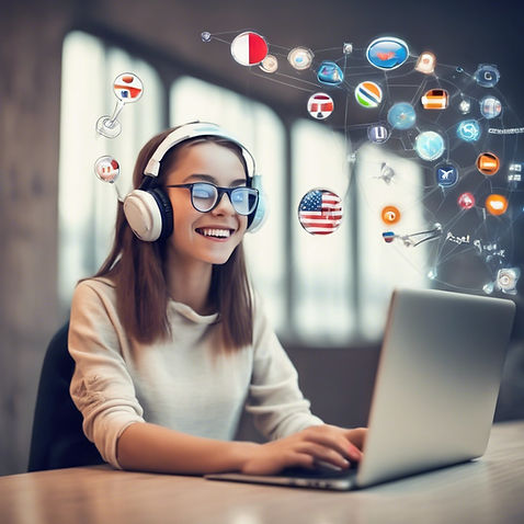 happy futuristic girl learning English o