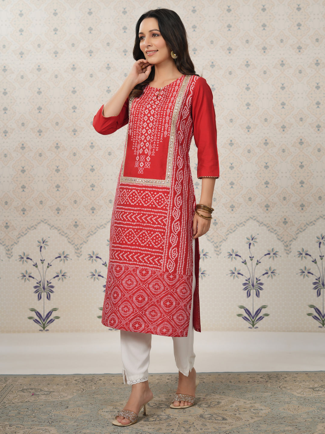 38 RED BANDHANI PLACEMENT PRINT WITH EMB (25353536)