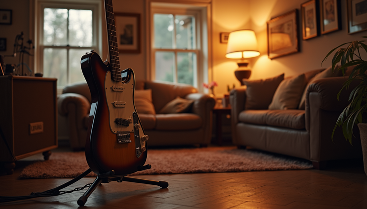 Eye-level view of an electric guitar resting on a stand in a music room