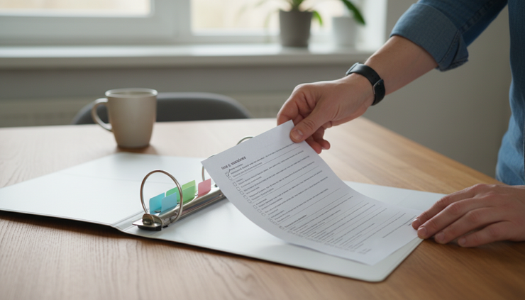 Close-up view of a hand placing a printable checklist into a binder