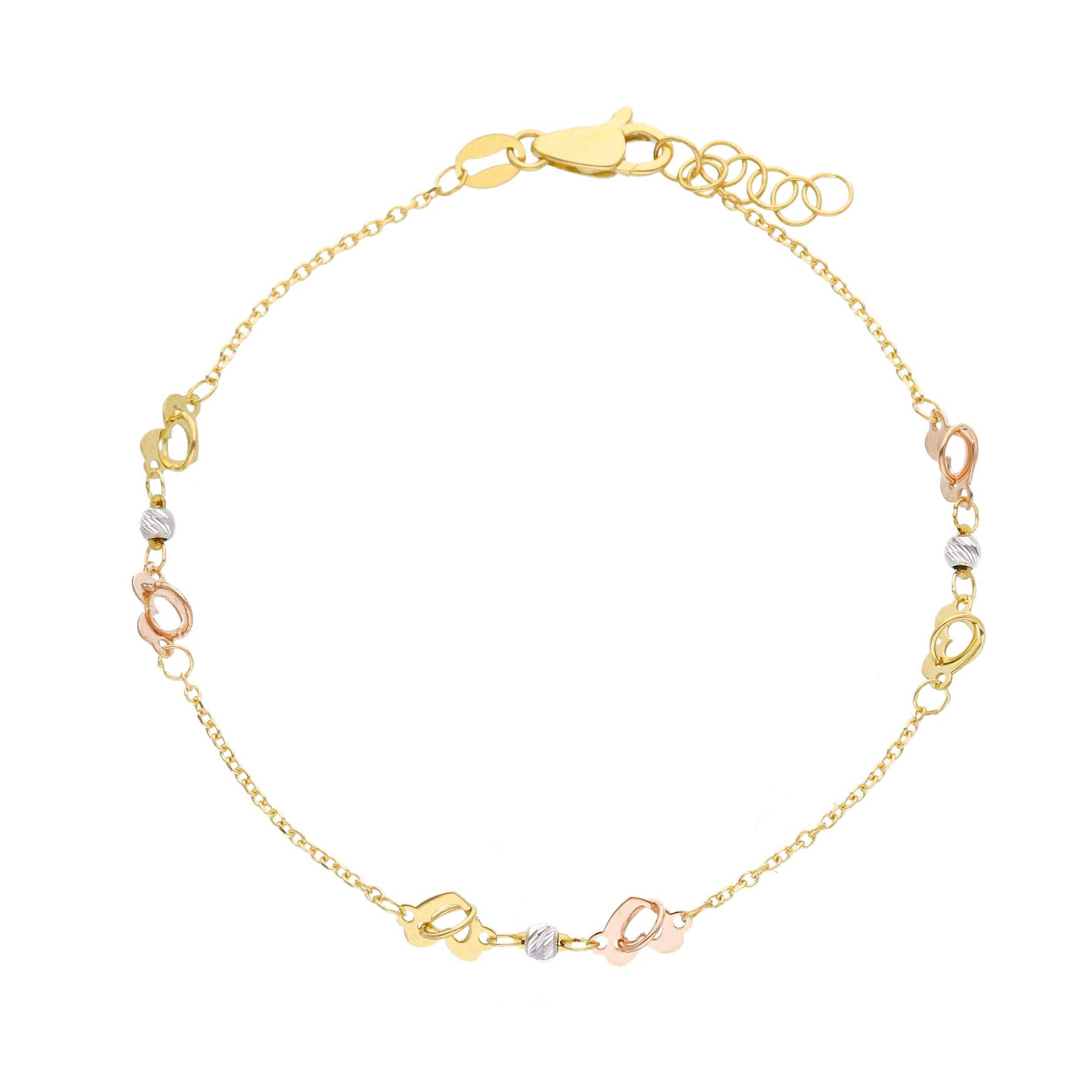 Oro 18 kt - BRACCIALE TRE COLORI CUORI E PALLINA DIAM - ORO TRE COLORI - 17+2cm