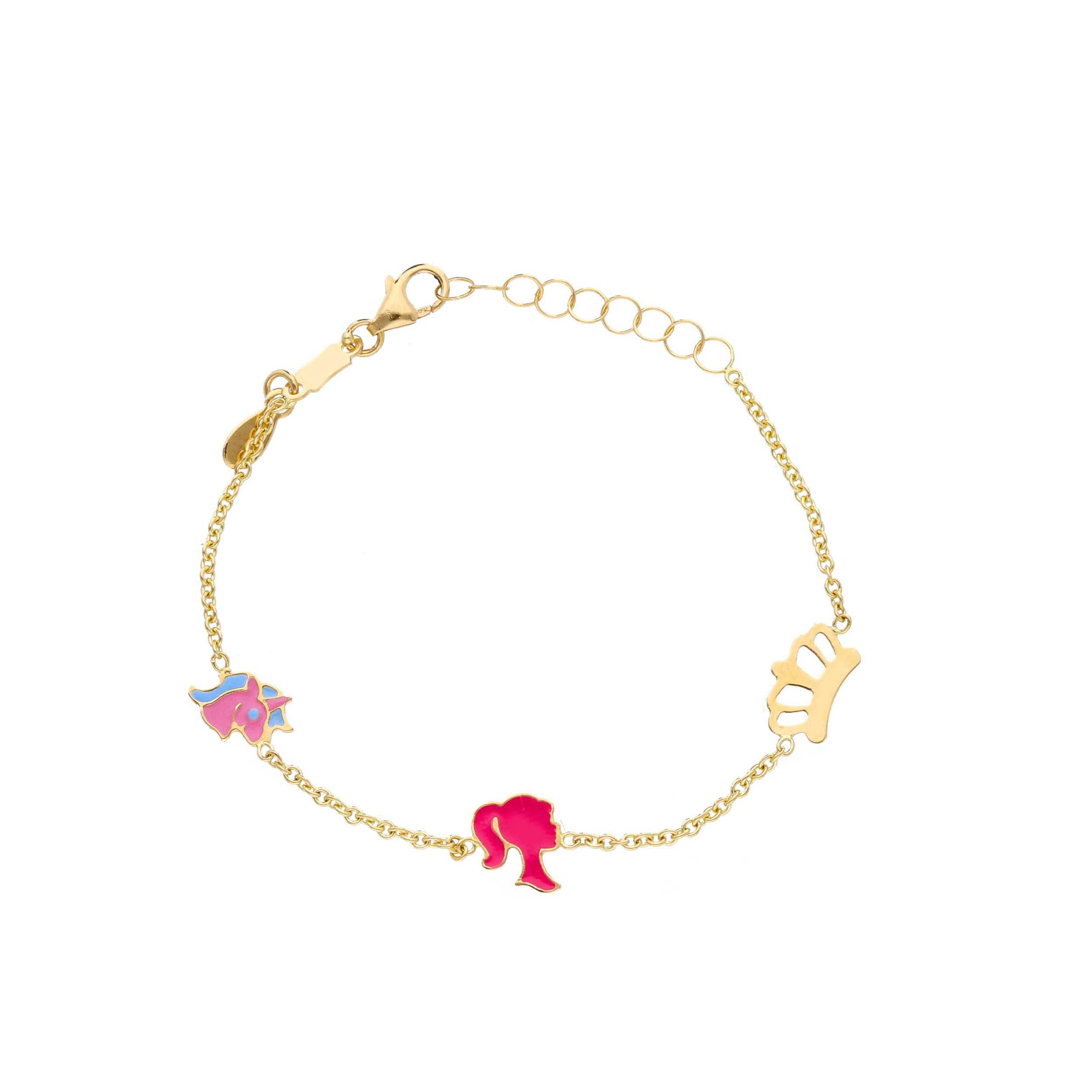 Oro 18 kt - BRACC OG SMALTO BARBIE + UNICORNO CM 14 - ORO E SMALTO - 12+2cm