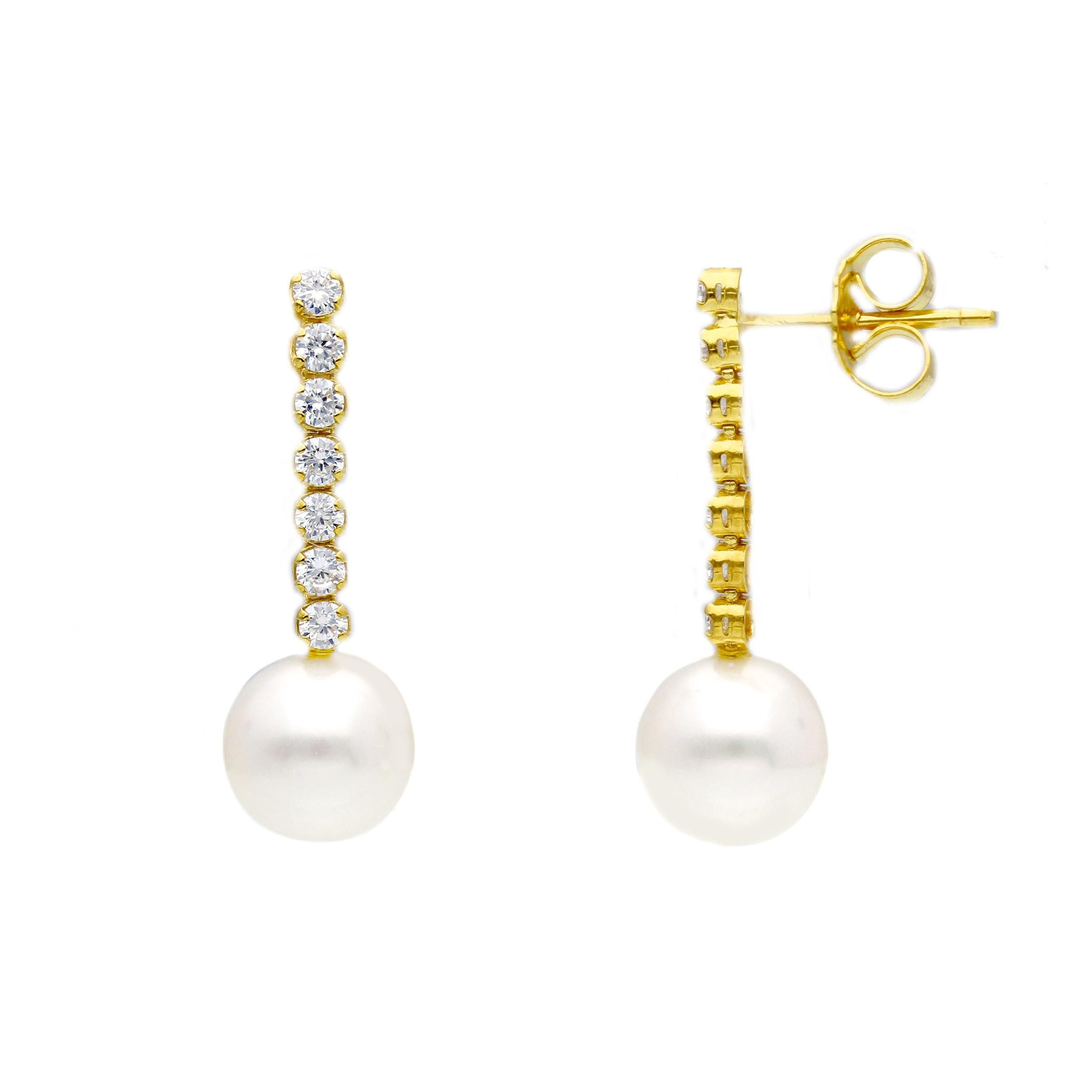 Oro 18 kt - ORECCHINI TENNIS OG ZIRCONI+PERLA CORTI - ORO GIALLO - Ø 8.5-9mm