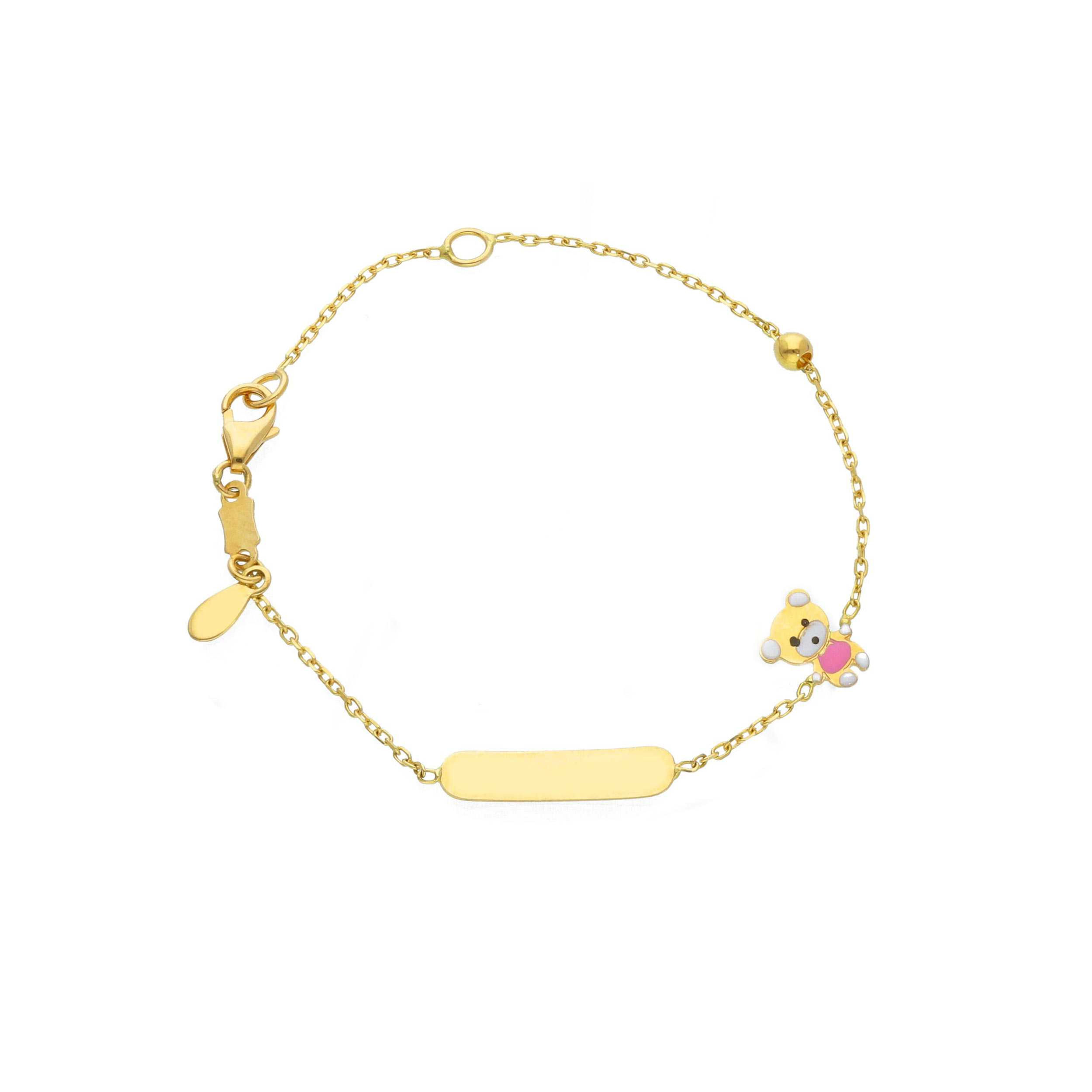 Oro 18 kt - BRACCIALE TARGA OG ORSO SMALTO ROSA - ORO E SMALTO - 14cm