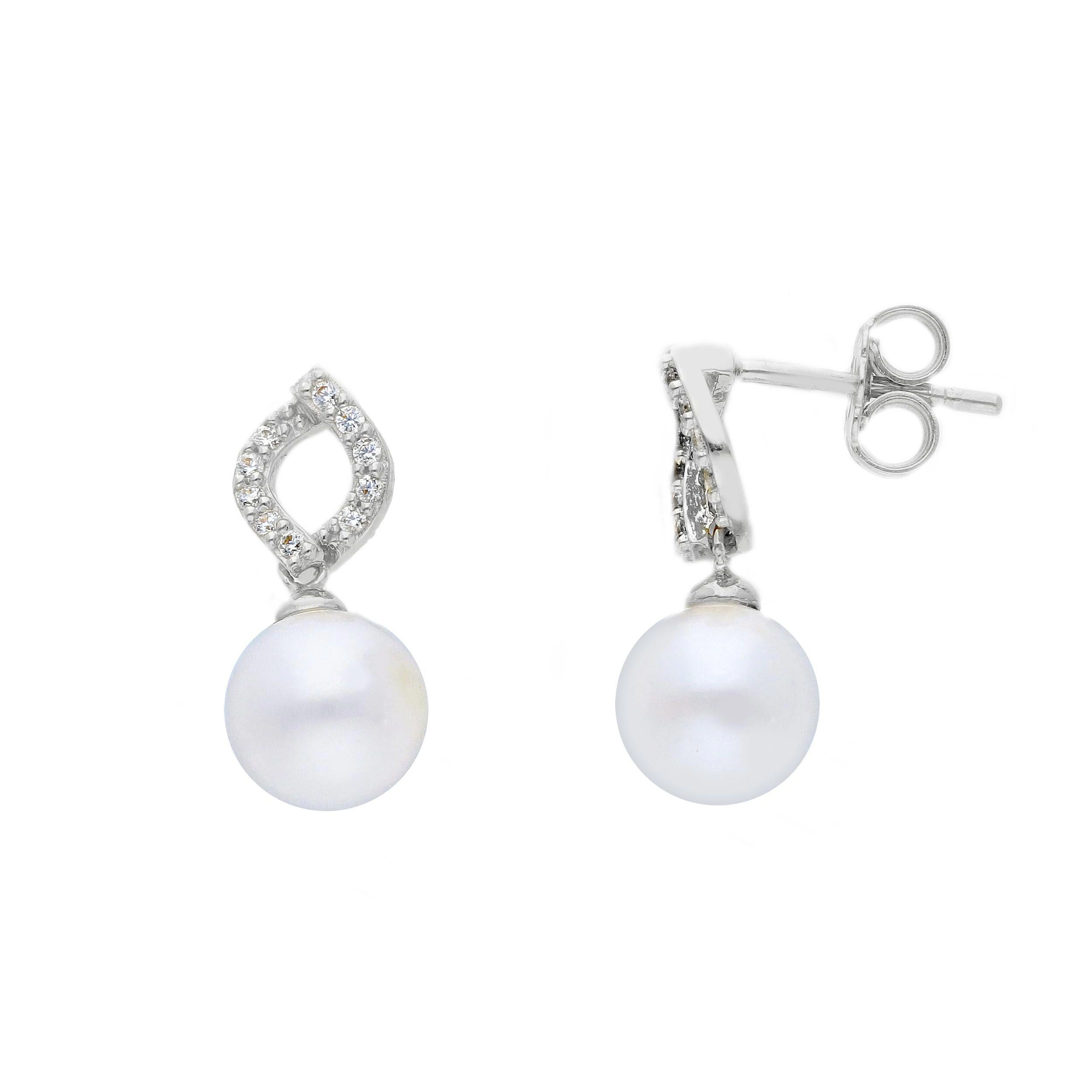 Oro 18 kt - ORECCHINI OB ZIRC CON PERLE - ORO BIANCO