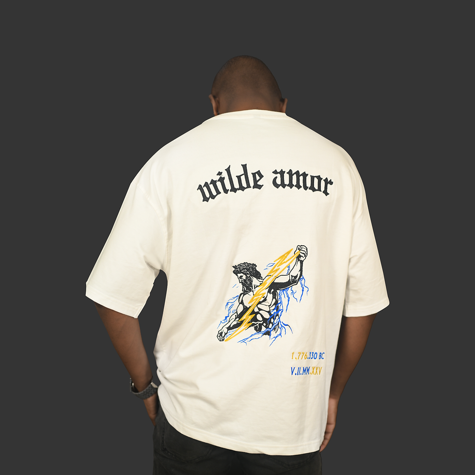 model wearing off white zeus oversized tshirt with detailed zeus and wilde amor text embroidery.