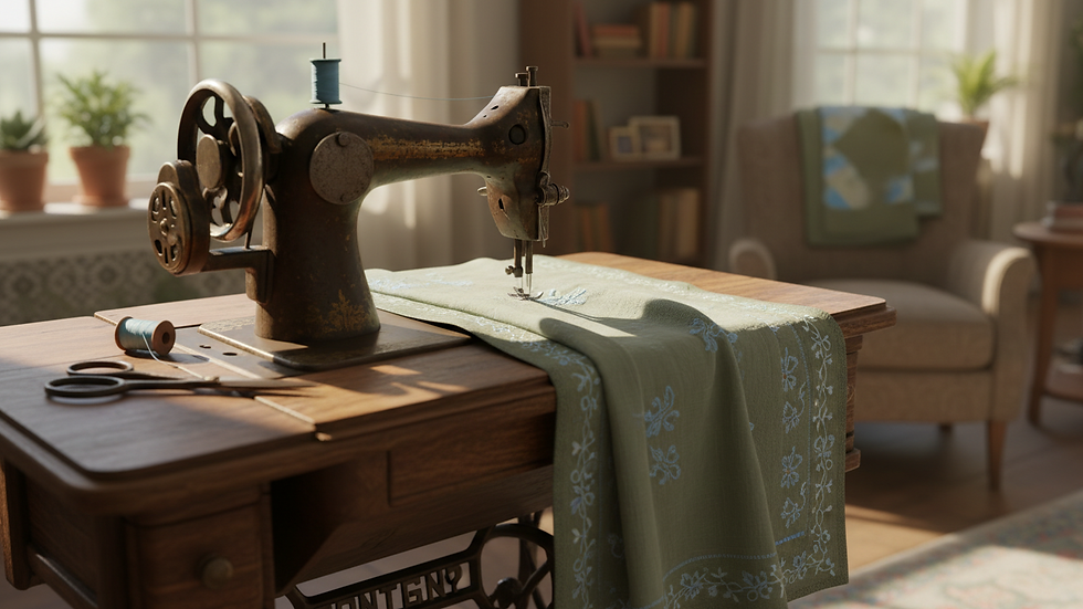 Eye-level view of a sewing machine stitching a delicate fabric
