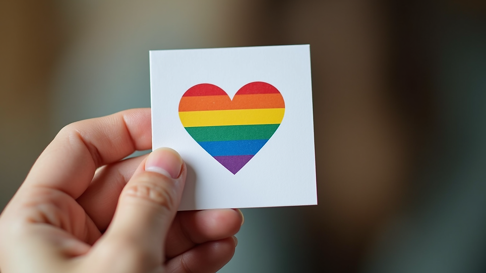 Close-up view of a hand holding a gay wedding card with a rainbow heart
