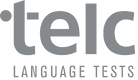 Graues „telc Language Tests“-Logo auf weißem Hintergrund.