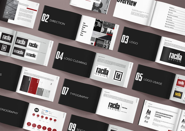 Brand guideline document for Racila Design, showcasing logo usage, typography, icon styles, and social media branding.