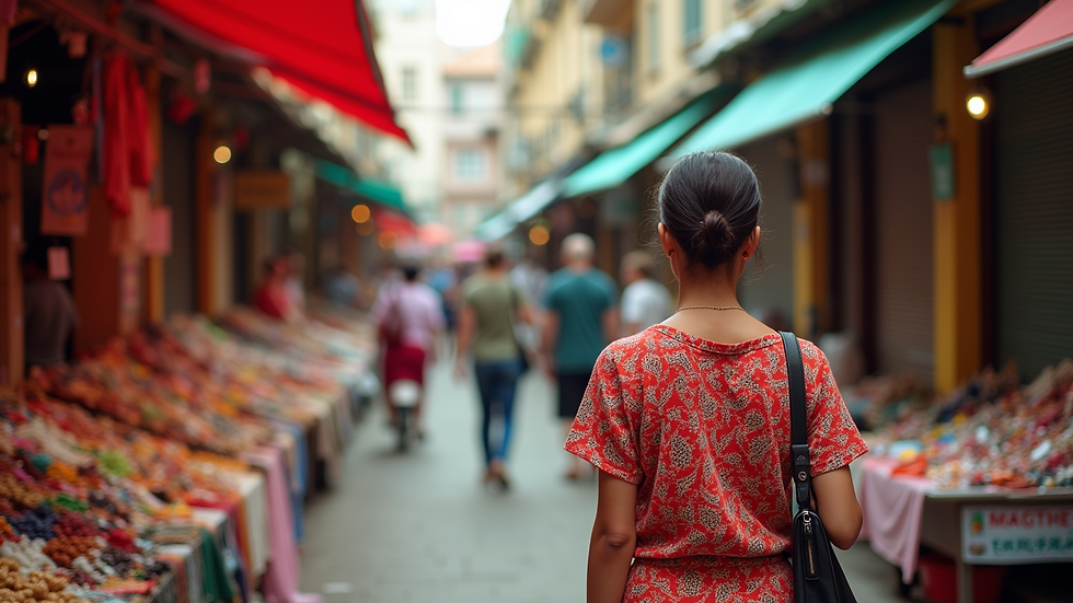 Wide angle view of a colorful local fashion market