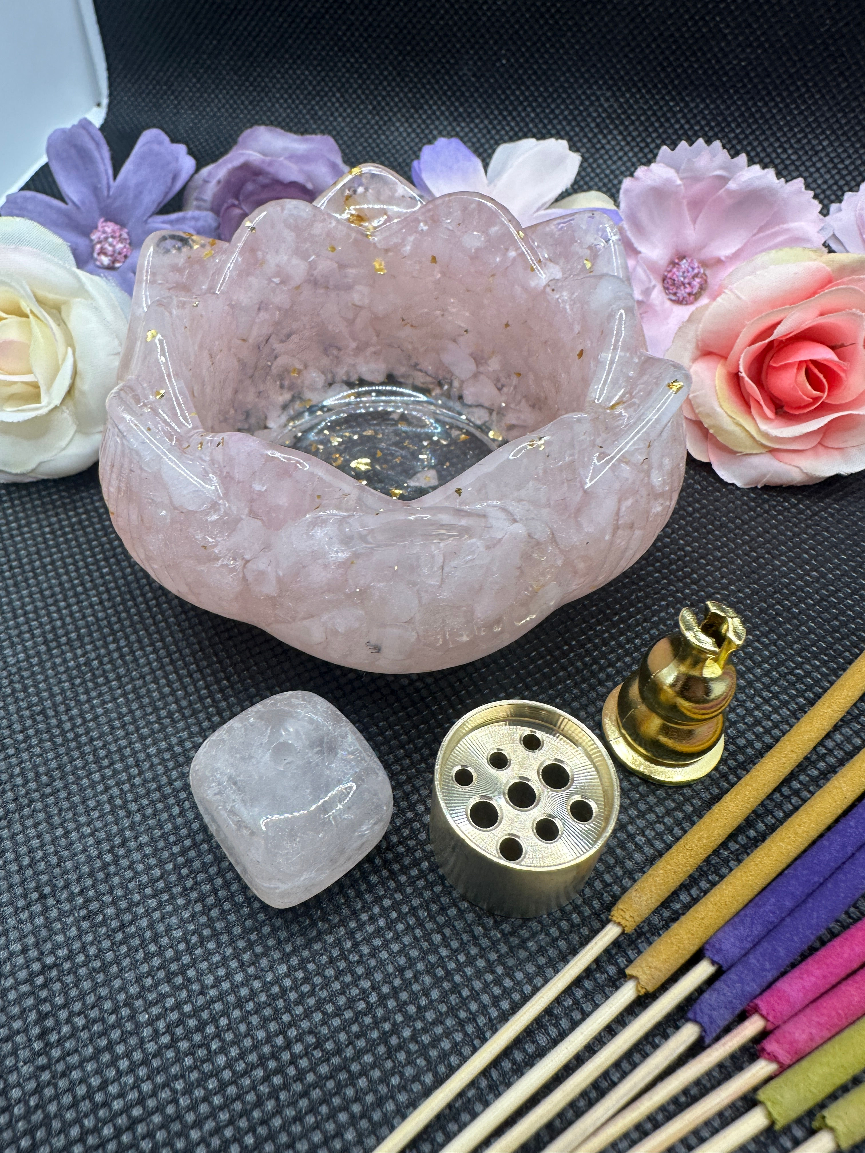 Lotus flower incense set- resin  & crystal