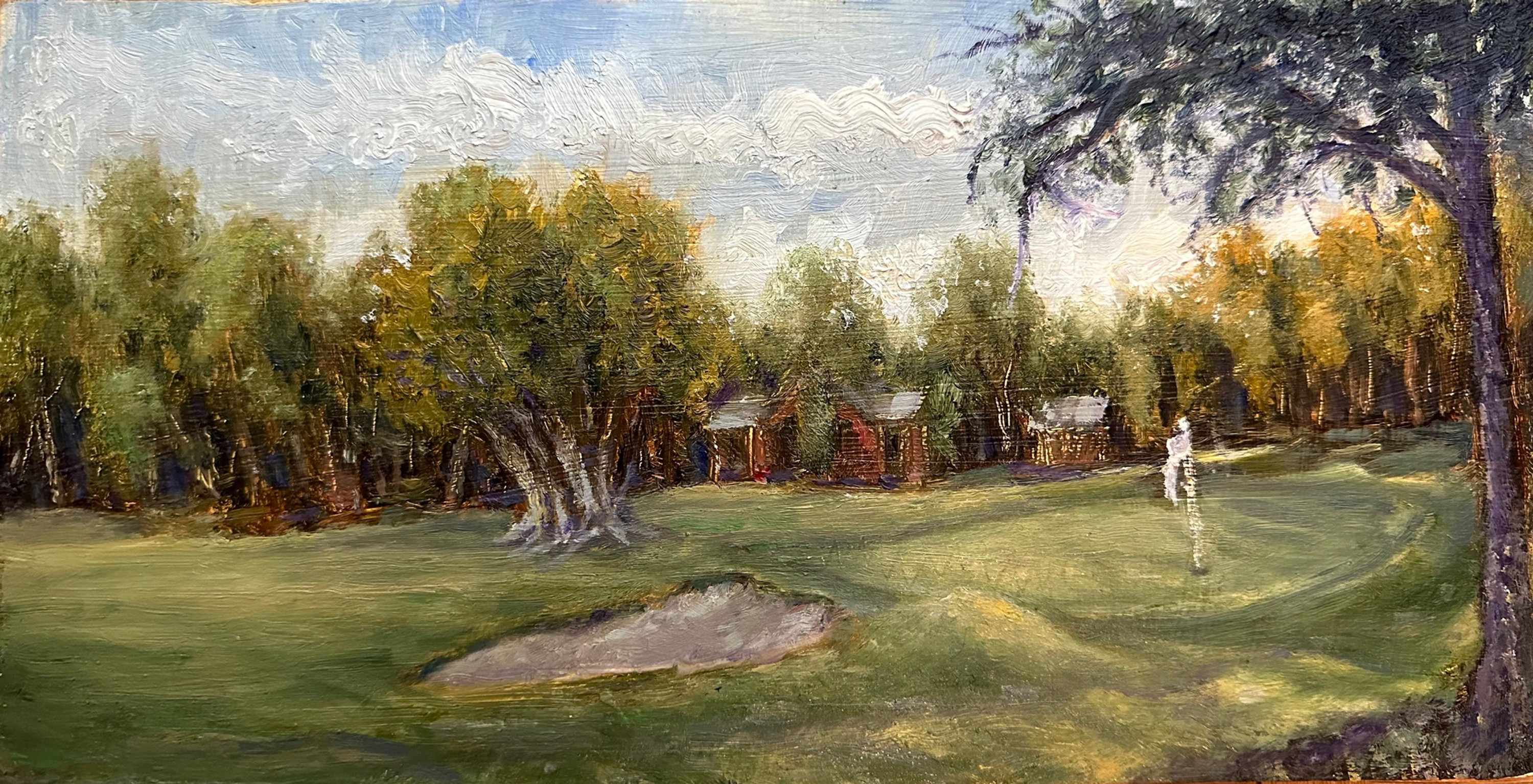The 18th hole at Skytop Lodge oil on wood panel 12” x 6”.