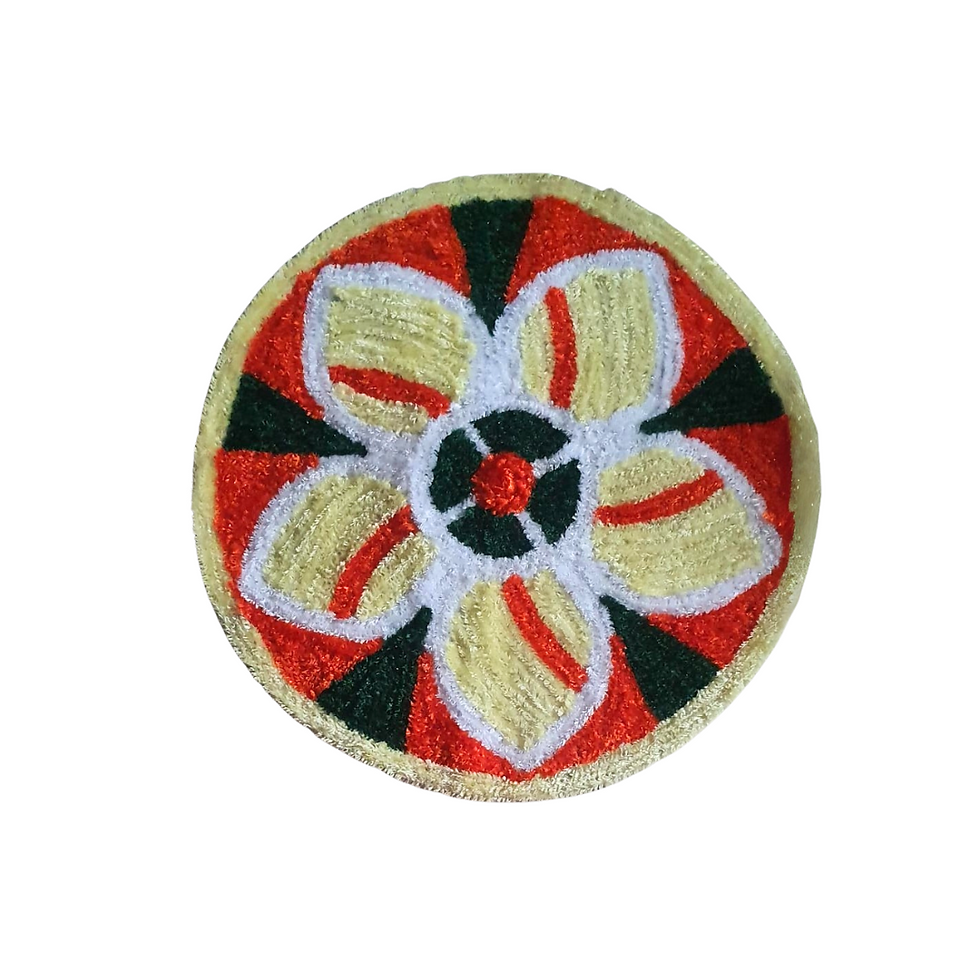 Handmade Floral Yarn Rangoli – Red & Gold Design