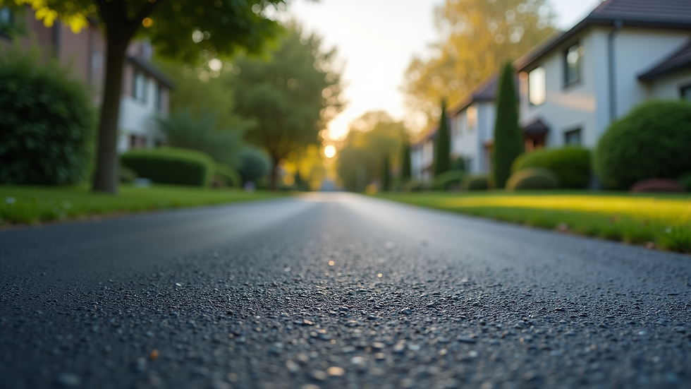 Eye-level view of freshly paved asphalt driveway in a residential area
