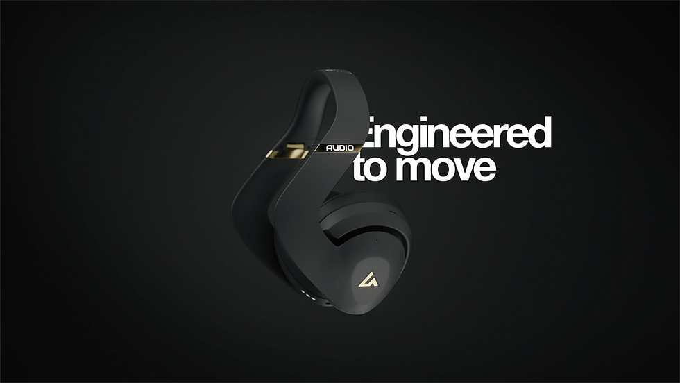 Photorealistic 3D rendering of black headphones with Engineered to Move branding, showcasing immersive product visuals.