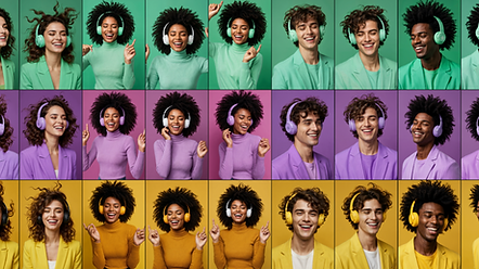 Grid of diverse models wearing colorful headphones against vibrant solid backgrounds, showcasing AI-generated visual variety