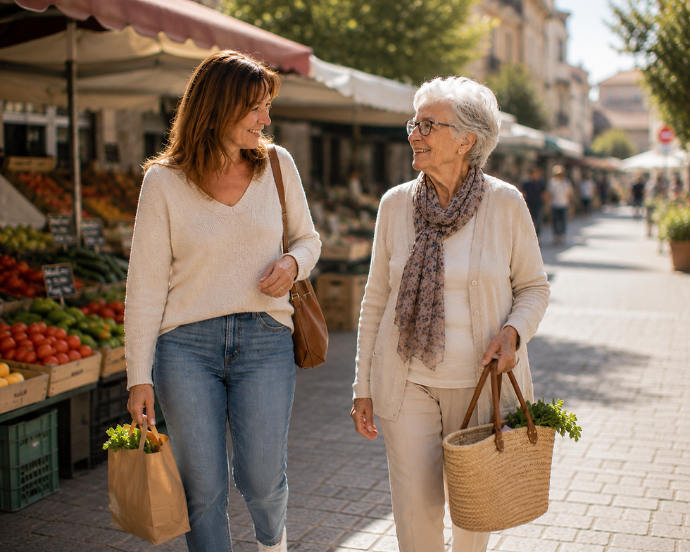 Wandeling op de markt met een oudere in Murcia tijdens een regelmatig huisbezoek.