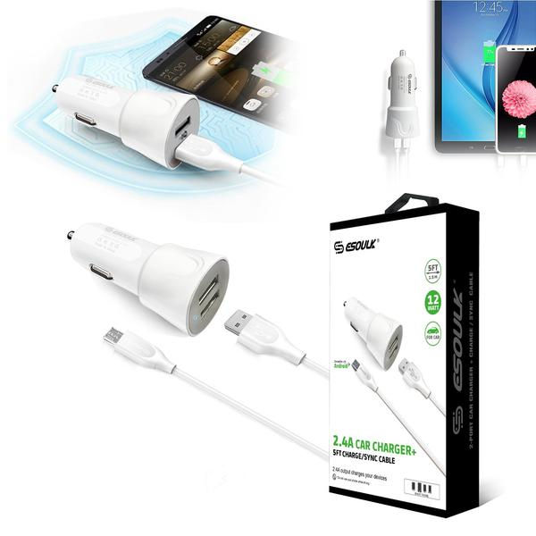 Thumbnail: Esoulk 12W 2.4A Dual USB Travel Car Charger With 5FT Micro USB Charging Cable
