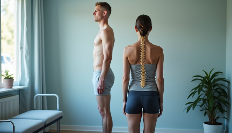 Eye-level view of a person standing in a clinical posture assessment setting