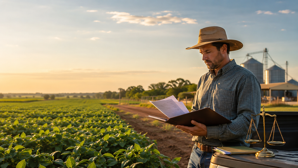 Produtor rural em Rio Verde GO analisando contrato de crédito rural em lavoura com apoio jurídico para dívida agrícola e financiamento bancário