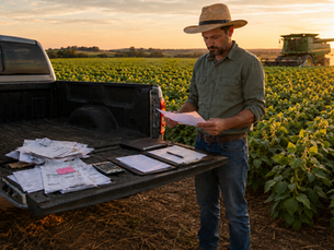 Produtor rural em plantação de soja em Rio Verde GO analisando documentos de dívida rural, financiamento agrícola e renegociação com banco.
