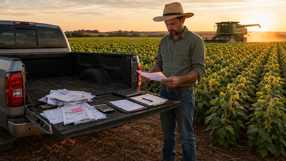 Produtor rural em plantação de soja em Rio Verde GO analisando documentos de dívida rural, financiamento agrícola e renegociação com banco.