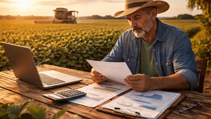 produtor rural analisando documentos de financiamento e crédito rural em lavoura de soja