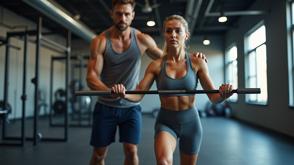 Eye-level view of a fitness coach guiding a client during a workout