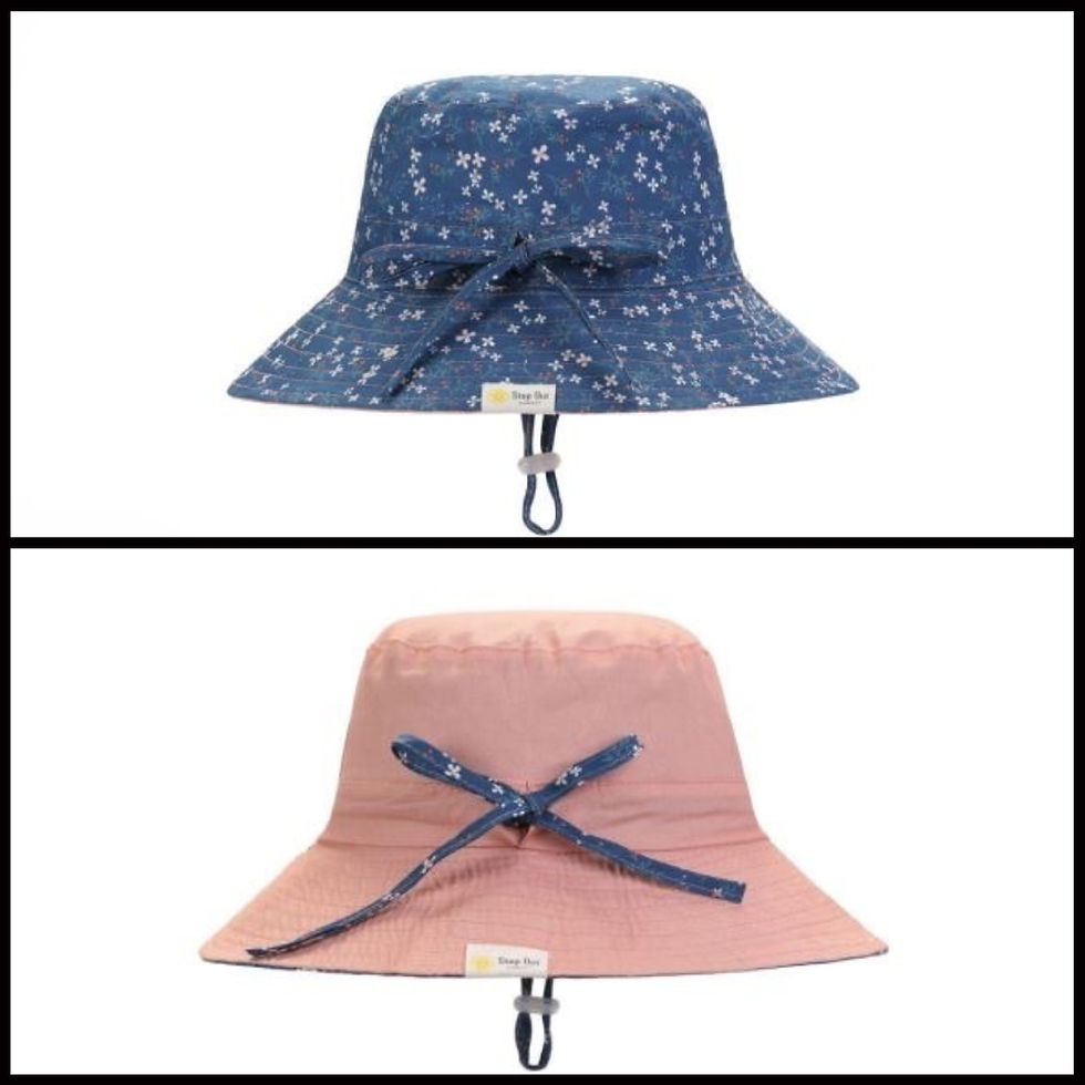 Step Out Sunhat. Organic Cotton,  UPF50+ rated, head and chin straps for adjustment. Sizes for babies up to adult