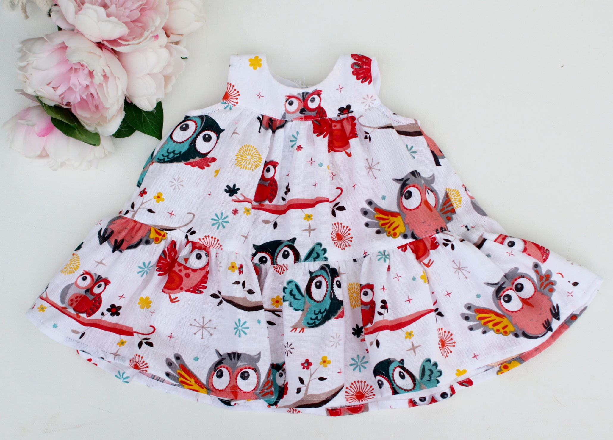 3-6 Months Muslin Dress Sleeveless - Owl