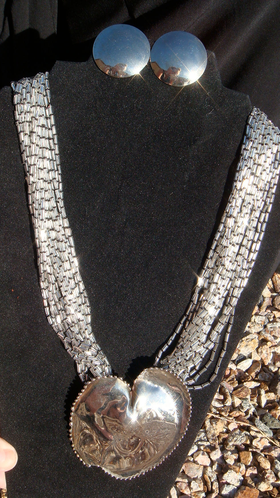 Thumbnail: OOAK vintage bold & beautiful silver & bugle beads necklace & earrings set