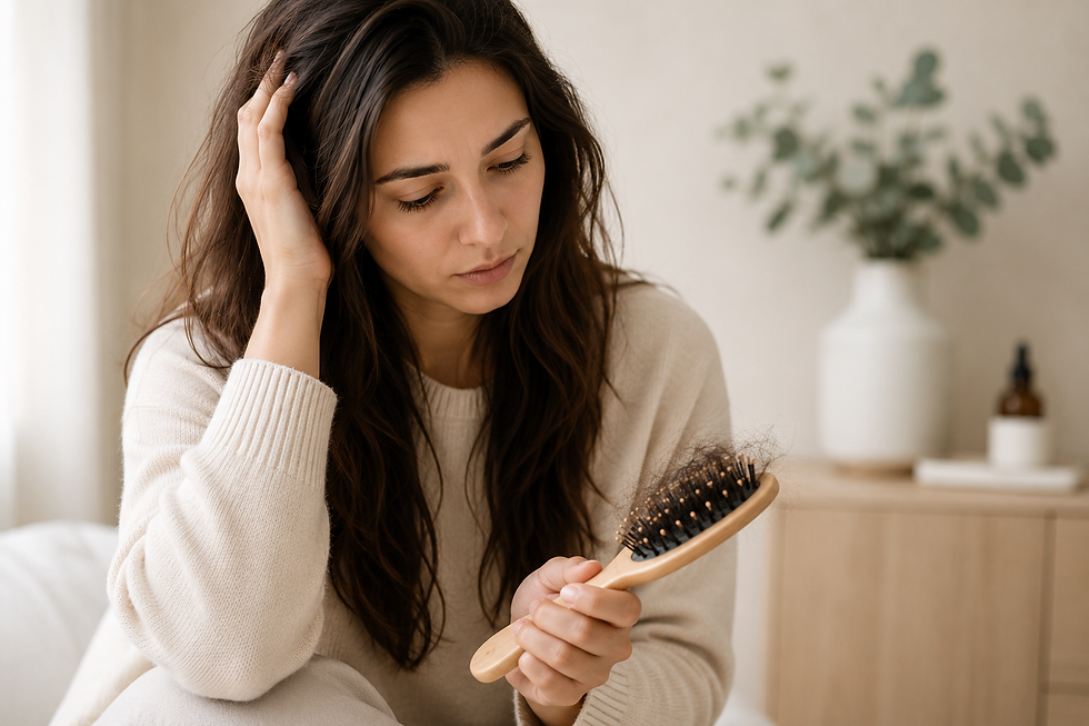Woman noticing stress-related hair shedding on a brush in a soft neutral home setting.